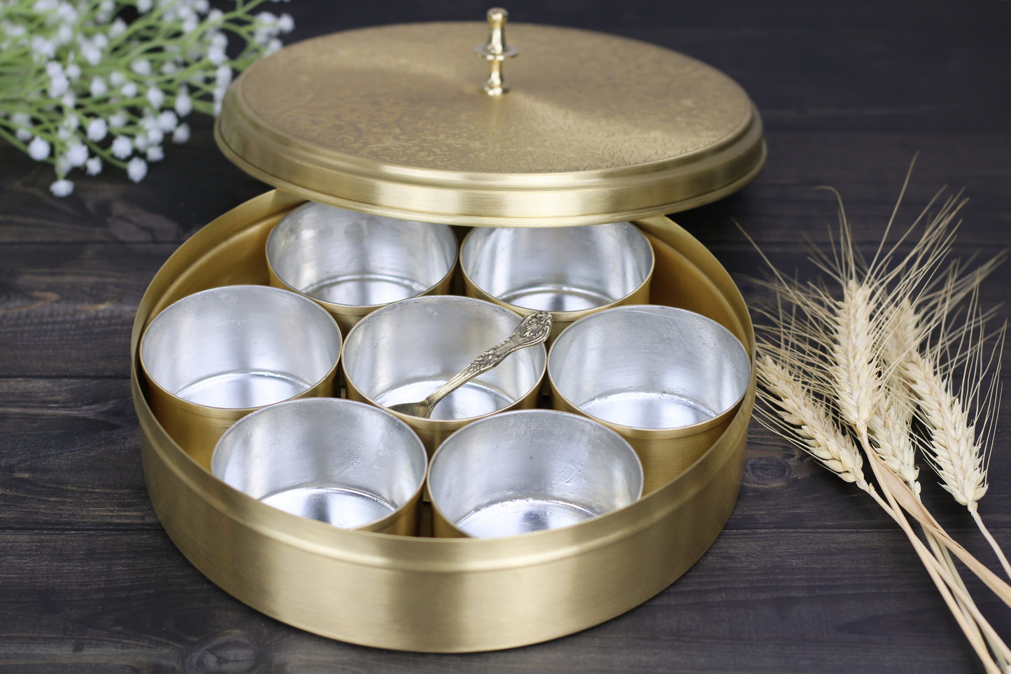Brass Masala Dani – 7 Bowl Tin-Coated Spice Box for Indian Kitchen | Small, Medium & Large