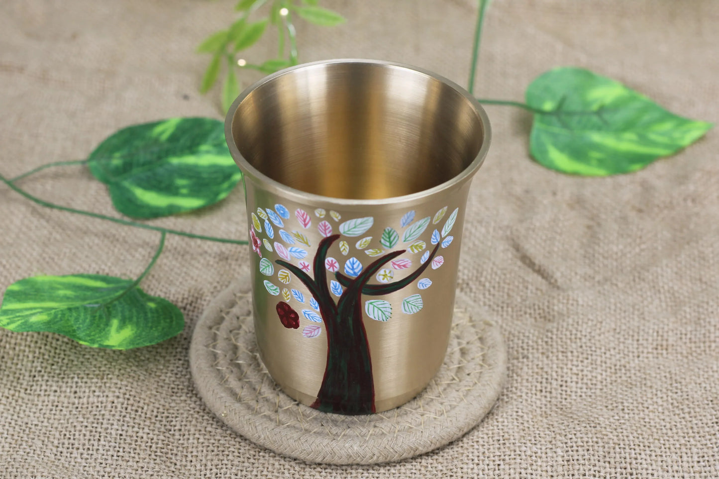 Decorative hand-painted bronze Tree of Life tumbler with a 220 ml capacity, featuring intricate design and simple style.