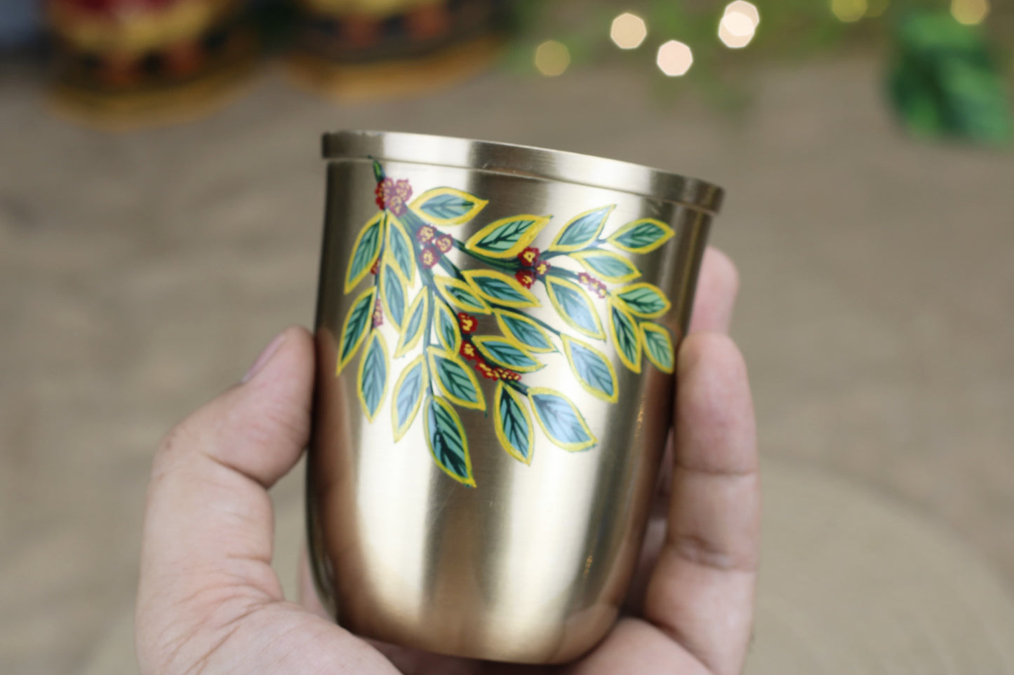 Artisan Bronze Sipper – Hand-Painted Coffee Leaf Design | Matte Finish Drinking Glass (200ml & 250ml)