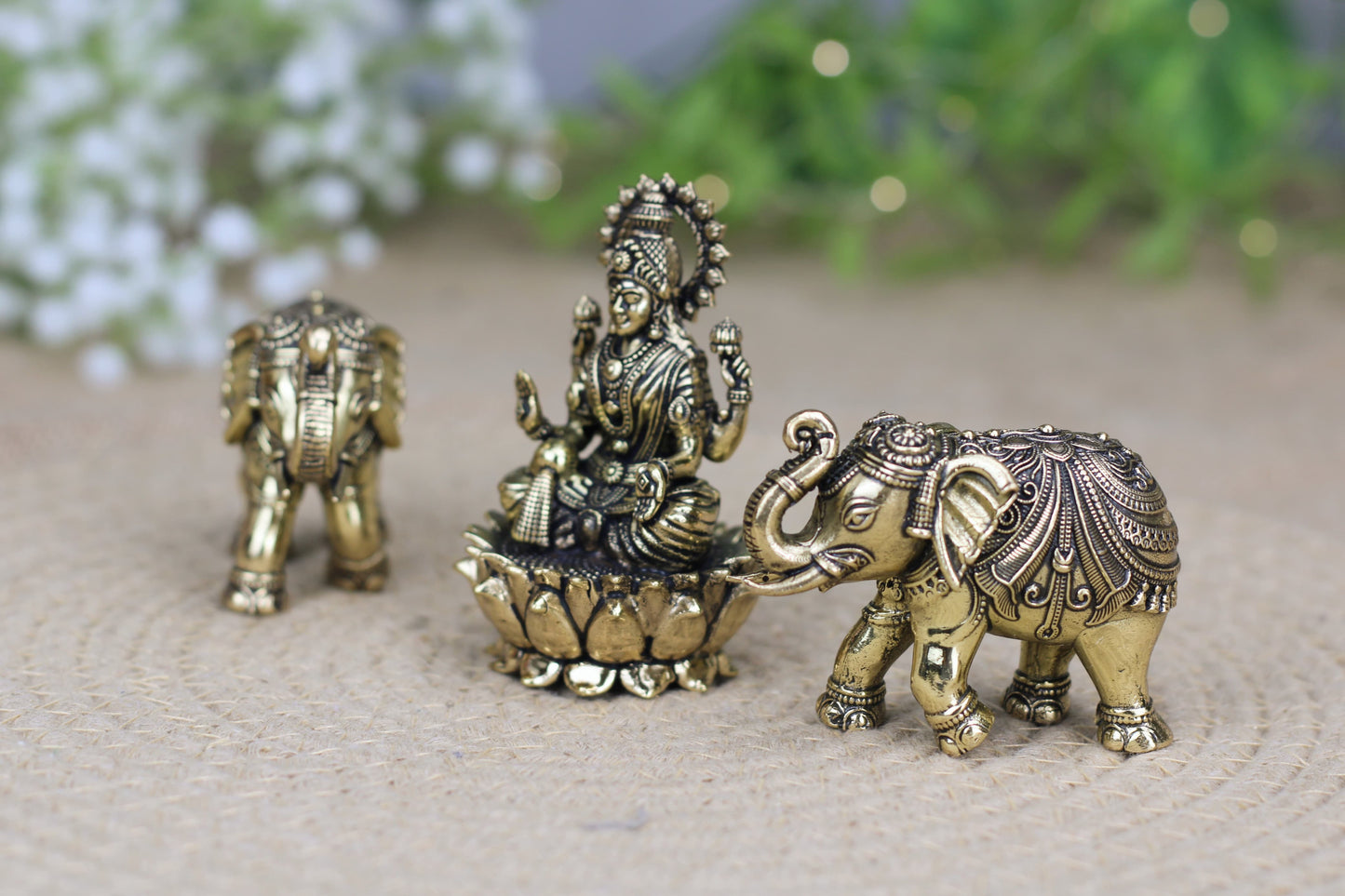 Premium Brass Lakshmi Idol with Elephants – Antique Finish | 3-Piece Puja & Décor Set (270 gm)