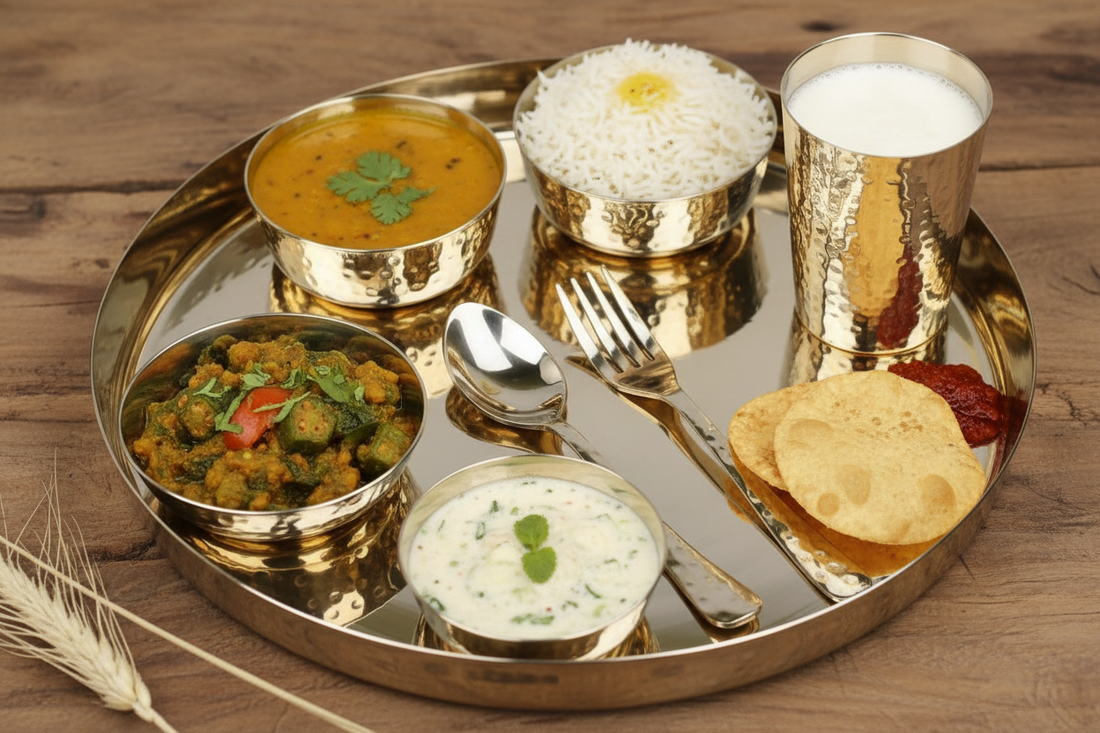 Traditional Kansa bronze thali set with dal, rice, sabzi and accompaniments - Ayurvedic eating utensils by Kansyakar