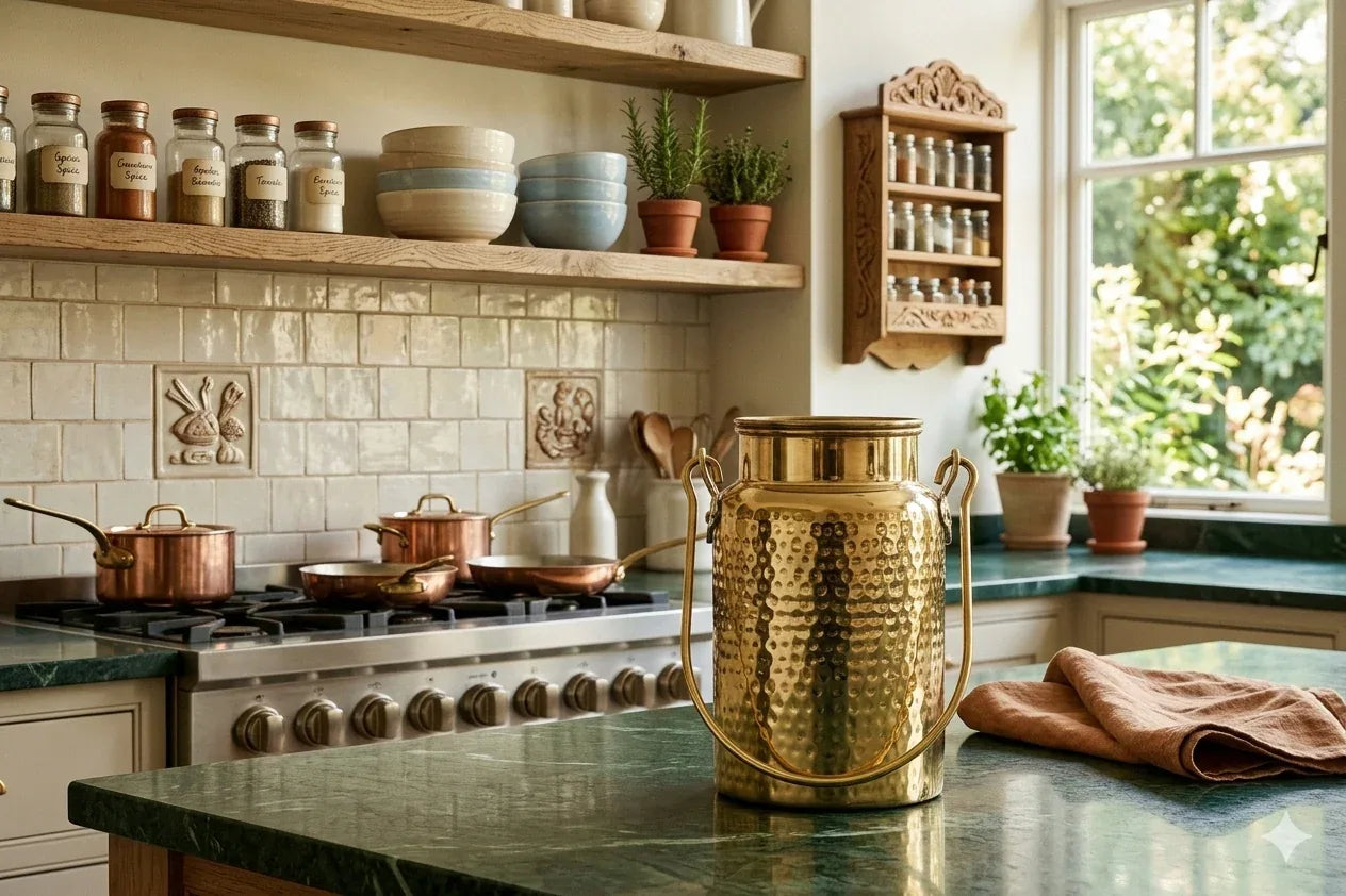 Hammered brass storage jar with lid and handle, ideal for oil, ghee, or grains, available in 3L and 5L sizes by Kansyakar.