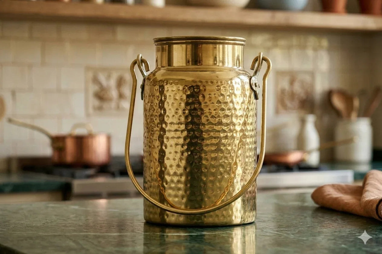 Hammered brass Barni storage jar with lid and handle, traditional container for oil, ghee, or grains, available in 3L or 5L sizes.