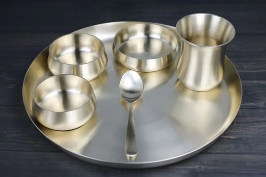 Kansyakar bronze tangy dinner set with six pieces, includes 11 and 12-inch bronze plates, traditional pure bronze thali set.