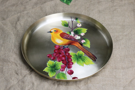 Hand-Painted Bronze Wall Hanging – Birds on Red Grapes Art | Traditional Home Decor & Gift