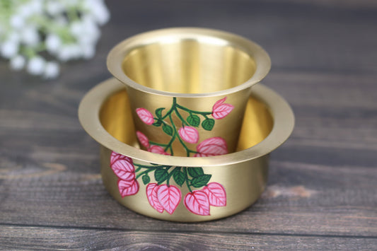 Hand-Painted Brass Coffee Dabara Set – Bougainvillea Flower Design | Traditional Filter Coffee Glass & Bowl (120ml + 140ml)