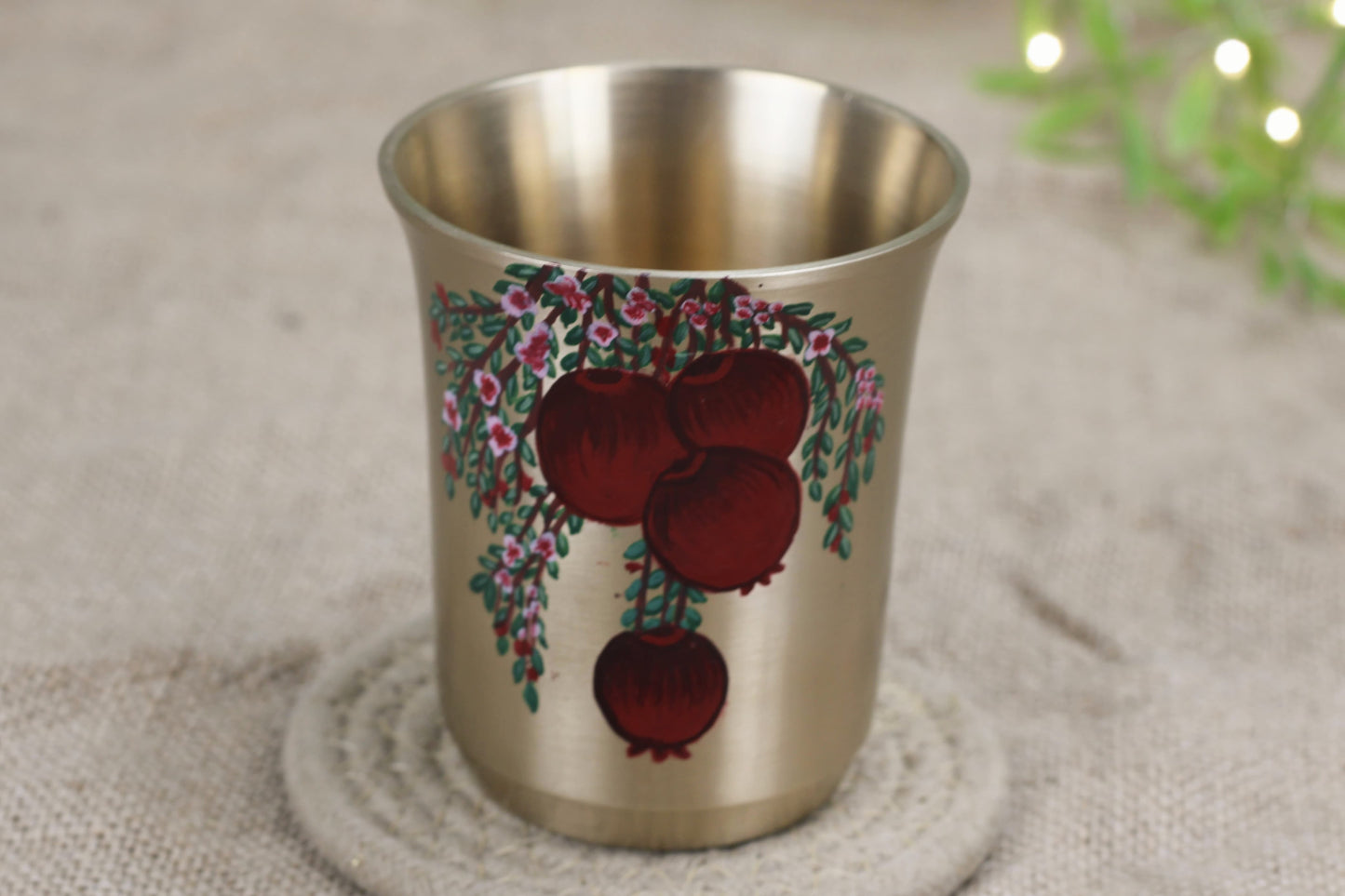 Hand-Painted Bronze Tumbler 220ml – Anar (Pomegranate) Design | Matte Finish Kansya Glass for Gifting & Daily Use