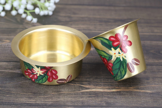 Hand-Painted Brass Coffee Dabara Set – Matte Finish with Coffee Leaf & Bean Design | Traditional Filter Coffee Glass & Bowl (120ml + 140ml)
