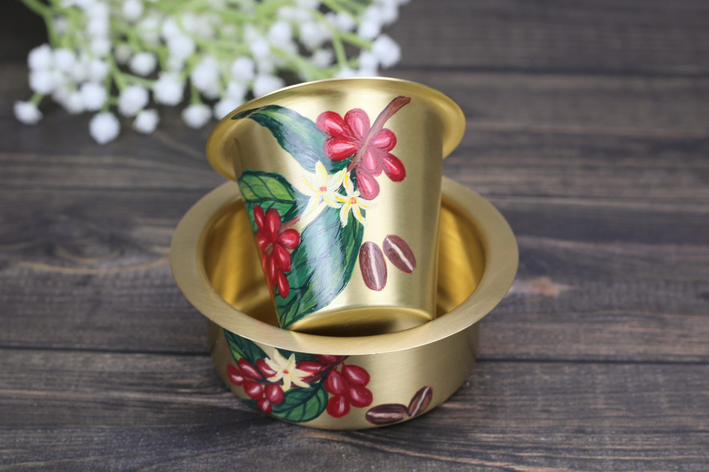 Hand-Painted Brass Coffee Dabara Set – Matte Finish with Coffee Leaf & Bean Design | Traditional Filter Coffee Glass & Bowl (120ml + 140ml)