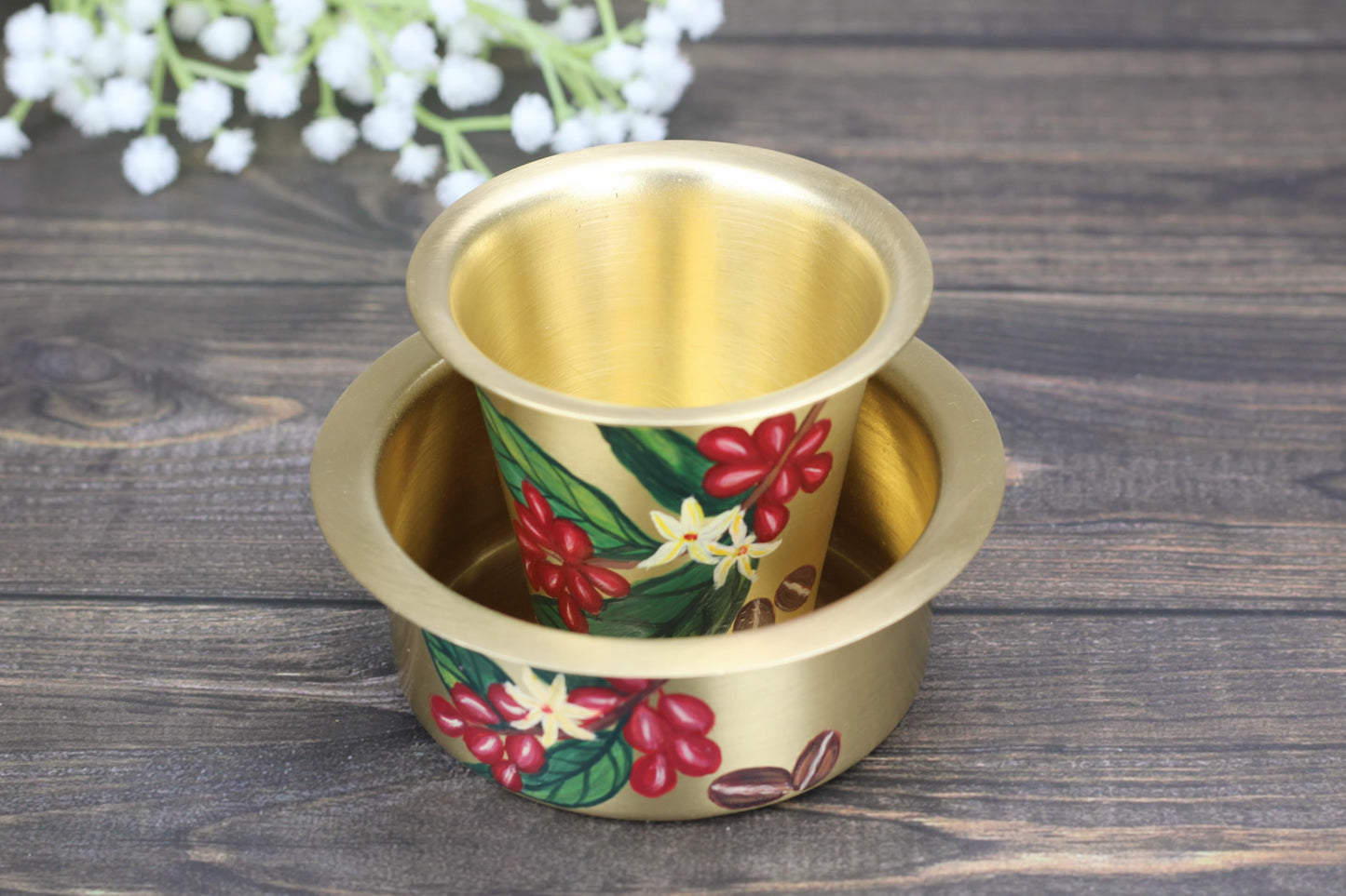 Hand-Painted Brass Coffee Dabara Set – Matte Finish with Coffee Leaf & Bean Design | Traditional Filter Coffee Glass & Bowl (120ml + 140ml)