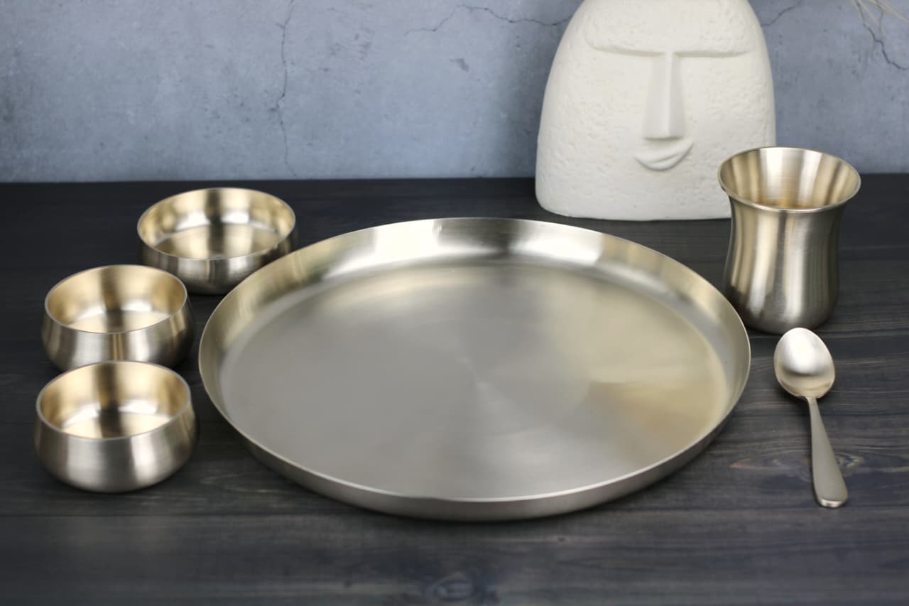 Kansyakar Bronze Tangy Dinner Set – 6 Pieces | Pure Bronze Thali Set (11 & 12 Inch Plate Options)