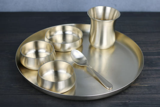 Kansyakar Bronze Tangy Dinner Set – 6 Pieces | Pure Bronze Thali Set (11 & 12 Inch Plate Options)