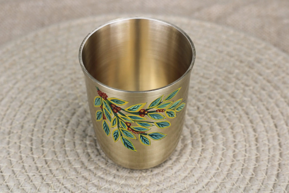 Hand Sipper Artisan Bronze Sipper Coffee Leaf Design | Hand-Painted Kansa | Kansyakar