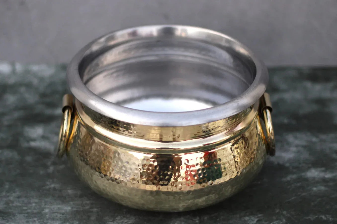 Traditional brass biryani handi with lid and side handles, 3L or 5L heavy tin-coated dum cooking pot for rice and curries.