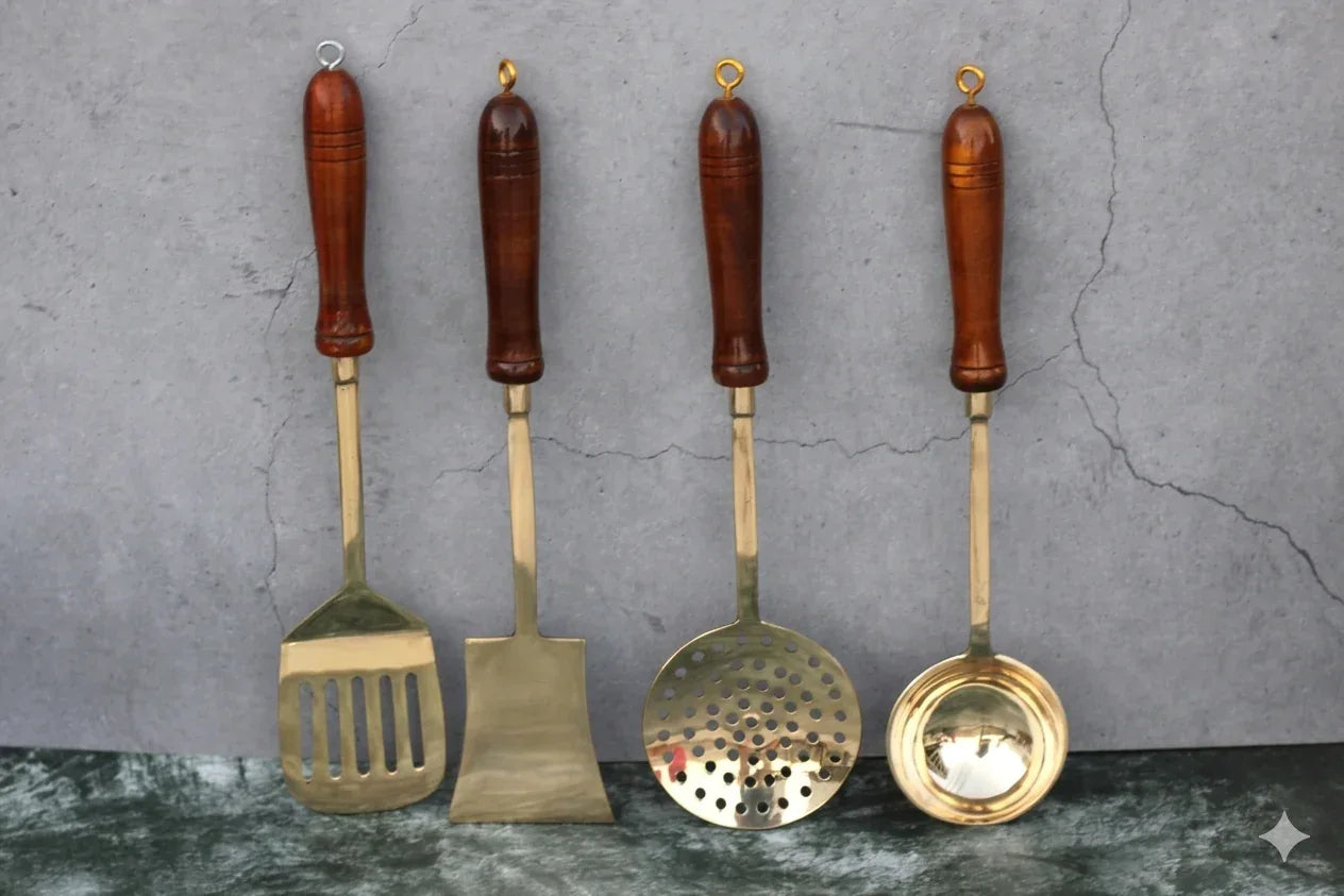Kansyakar Pure Brass Ladle Set with four simple, polished brass ladles for cooking and serving.