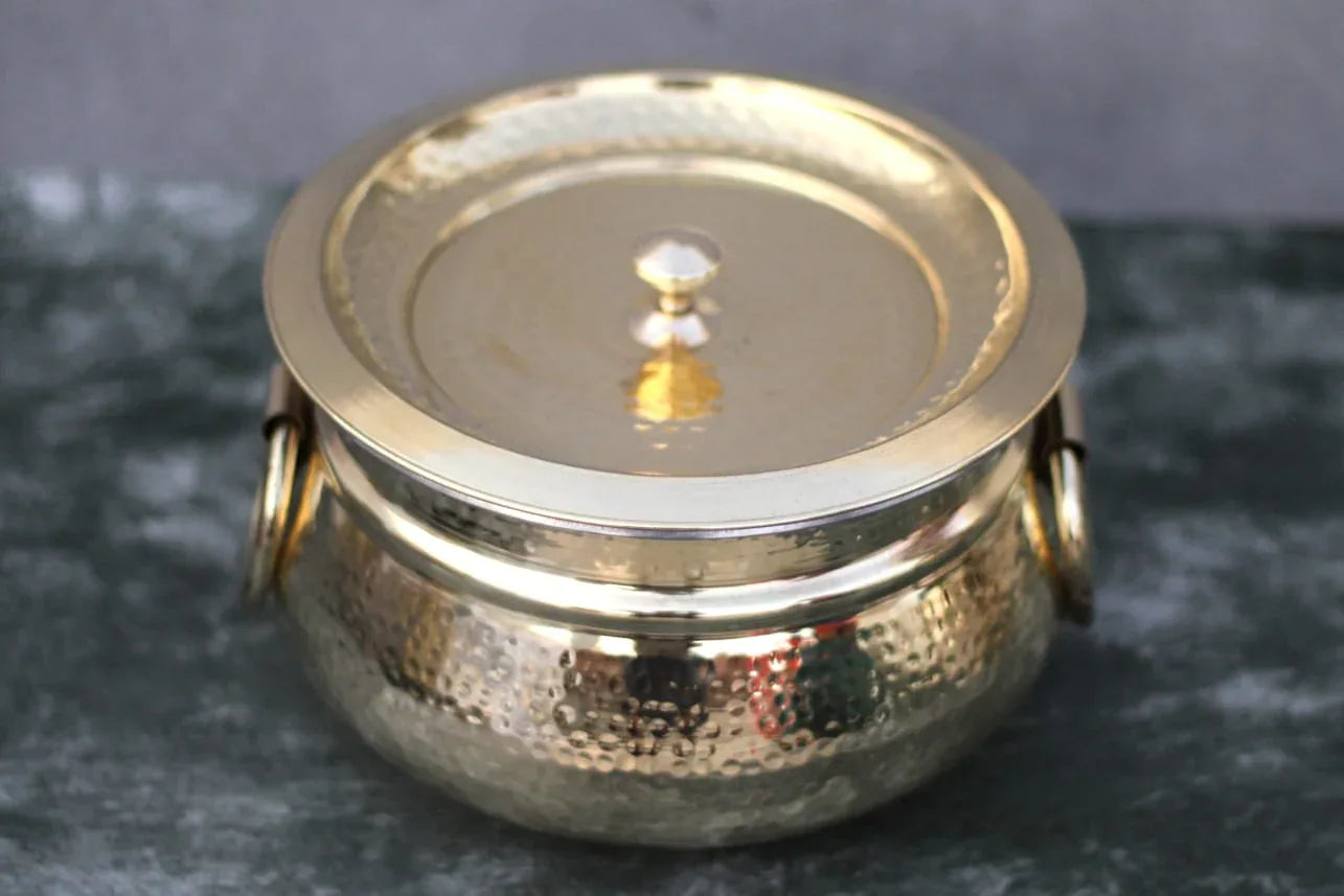 Traditional brass Biryani handi with lid and handles, heavy tin-coated brass cooking pot for rice, biryani, and curries by Kansyakar