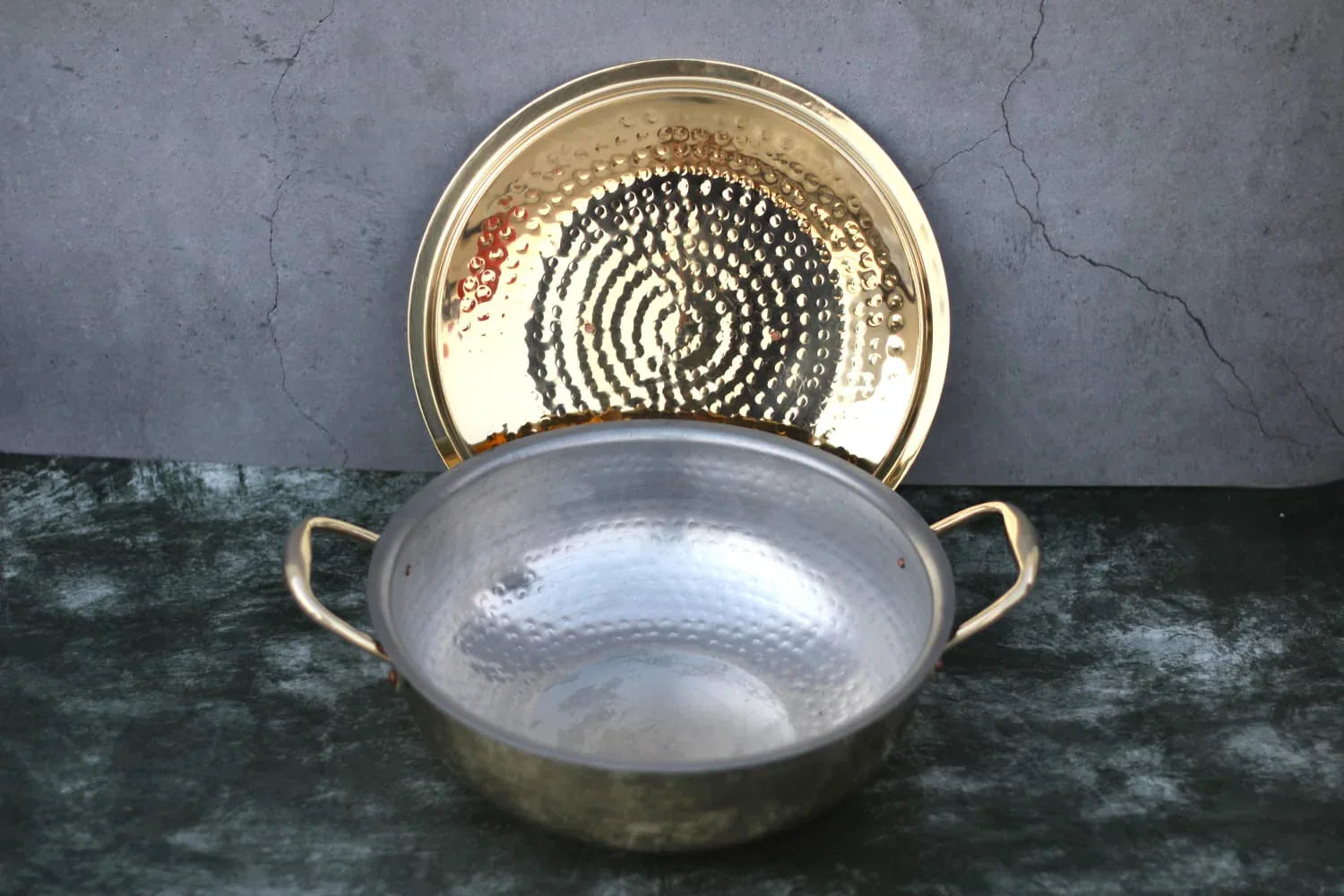 Brass Kadai with lid and handles, glossy hammered finish, traditional cooking wok by Kansyakar, made with tin coating for durability.
