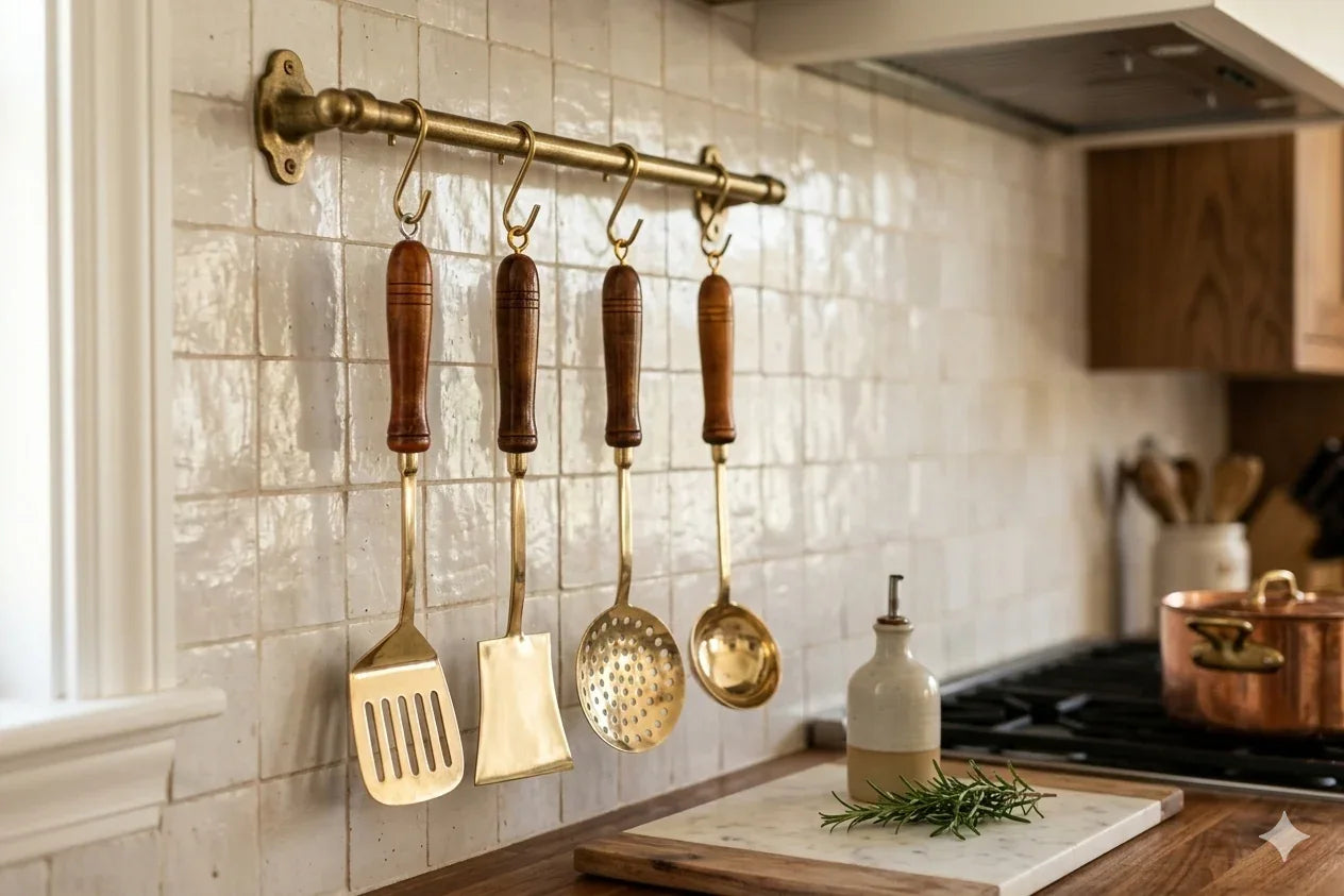 Kansyakar pure brass ladle set with four simple, traditional kitchen utensils for serving and cooking.