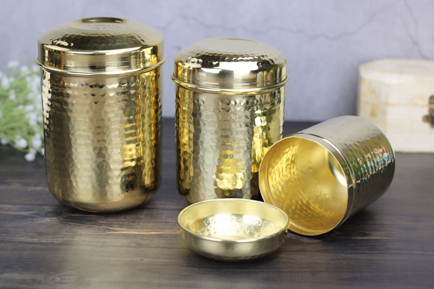 Brass Hammered Storage Jar Set – Airtight Kitchen Containers (Set of 3 | 500ml–1000ml) | Glossy Finish | Traditional Indian Design