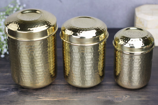 Brass Hammered Storage Jar Set – Airtight Kitchen Containers (Set of 3 | 500ml–1000ml) | Glossy Finish | Traditional Indian Design