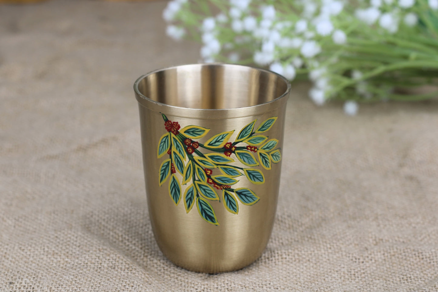 Artisan Bronze Sipper – Hand-Painted Coffee Leaf Design | Matte Finish Drinking Glass (200ml & 250ml)