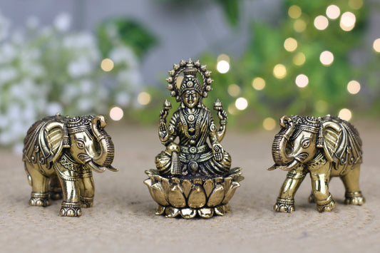 Premium Brass Lakshmi Idol with Elephants – Antique Finish | 3-Piece Puja & Décor Set (270 gm)