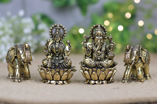 Premium Brass Lakshmi Ganesh on Lotus with Elephants – Handcrafted Idol Set (380 gm)