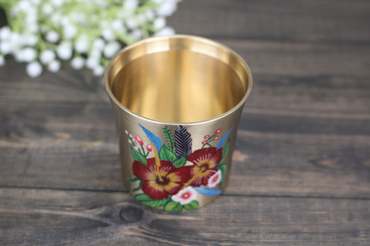 Handmade Bronze Tumbler – 300ml Matte Finish with Hibiscus Flower Painting | Food-Safe Exterior Lacquer | Traditional Indian Drinkware