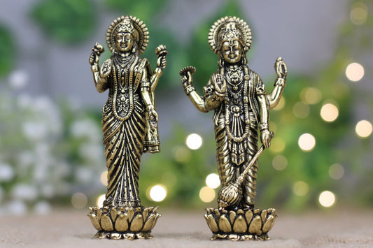 Premium Brass Lakshmi Narayan Idols – Handcrafted Antique Finish | 10 cm Height