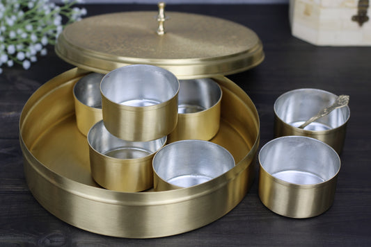 Brass Masala Dani – 7 Bowl Tin-Coated Spice Box for Indian Kitchen | Small, Medium & Large